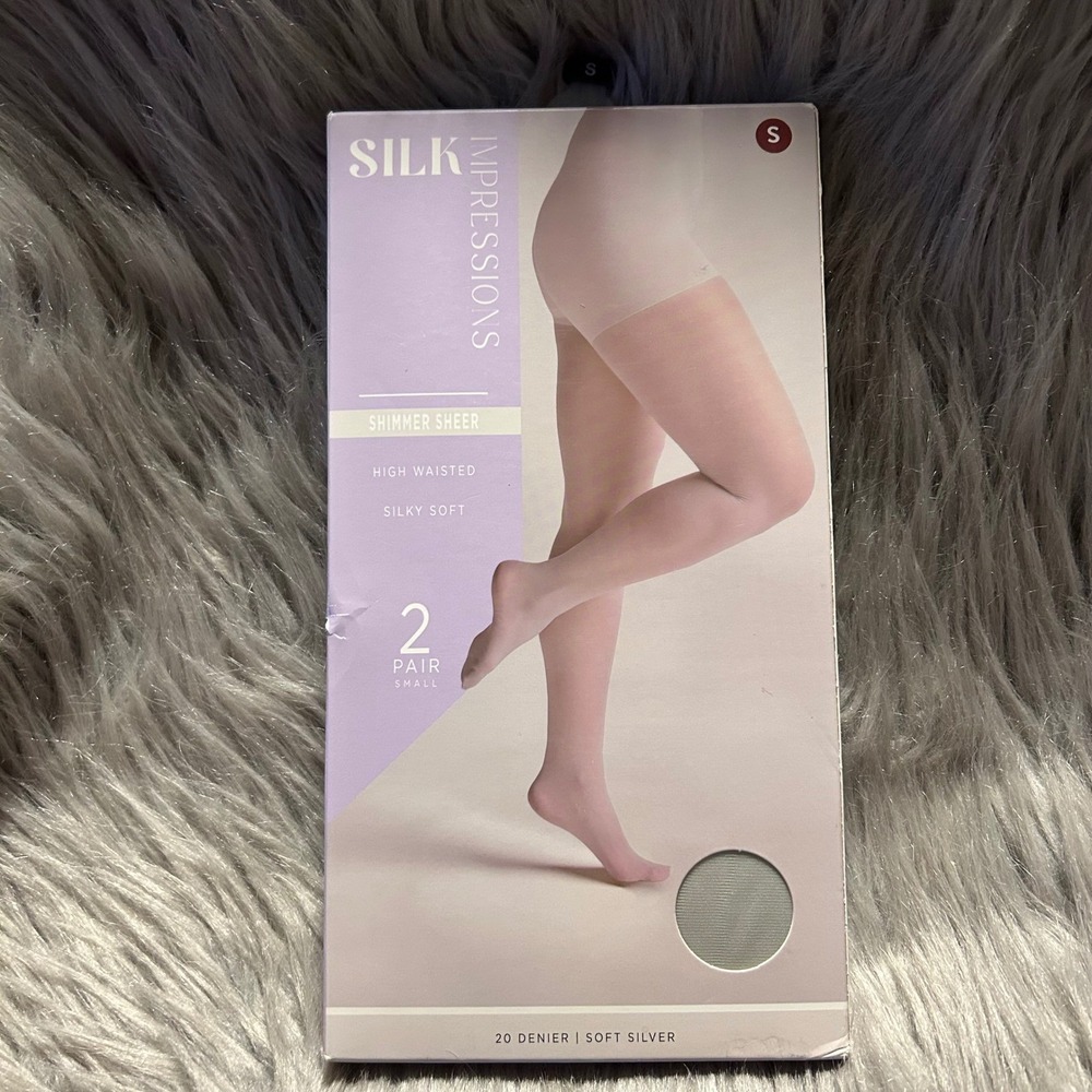 Silk Impressions Sheer Shimmer Tights Womens Size Small Soft Silver High Waisted